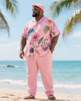 Big & Tall Men's Holiday Luxury Floral Printed Short Sleeve Shirt Trousers Cotton Linen Suit